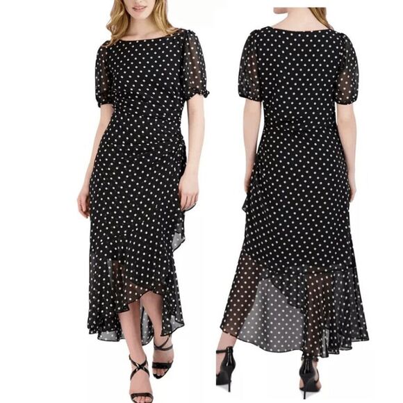 Julia Jordan Polka Dot Maxi Dress | Size 2 | Ruffle Hem | Puff Sleeve | Sheer Ov - Picture 1 of 9